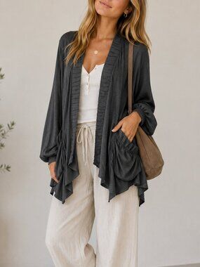 Nyah Grey Ruffed Open Front Cardigan Sweater Womens XL Lagenlook Artsy Whimsical